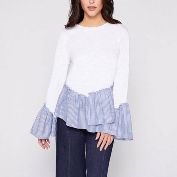 Cinq a Sept Kenny Long Sleeve Top in White Multi Blue Chambray Ruffle Hem XS - Picture 1 of 12
